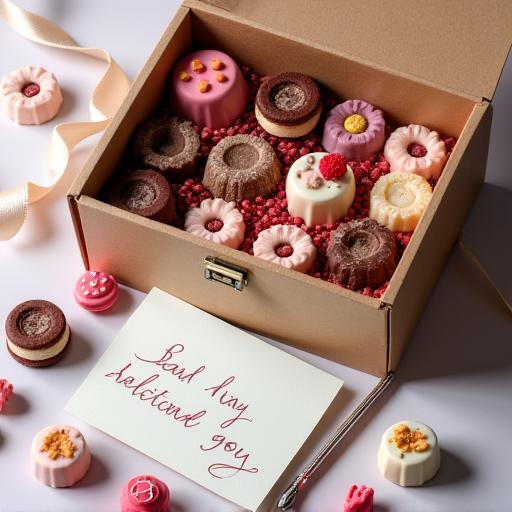 A handwritten note next to a beautifully packed sweet hamper.