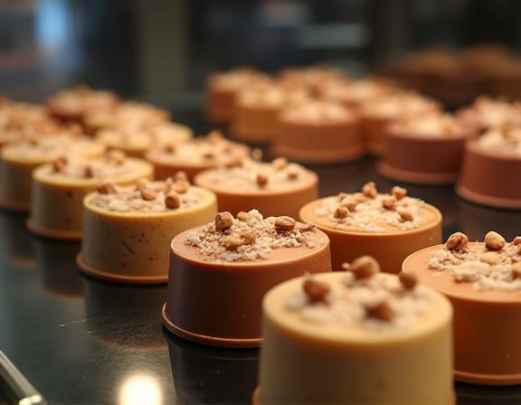A display case filled with luxury chocolates and fudges.