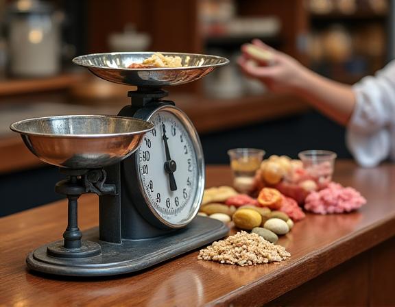 The shop's wooden counter with traditional weighing scales.