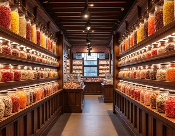 Floor-to-ceiling shelves filled with colourful jars of sweets.