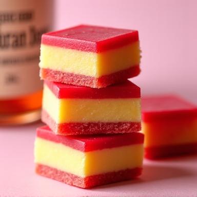 A pile of red and yellow Rhubarb & Custard sweets.